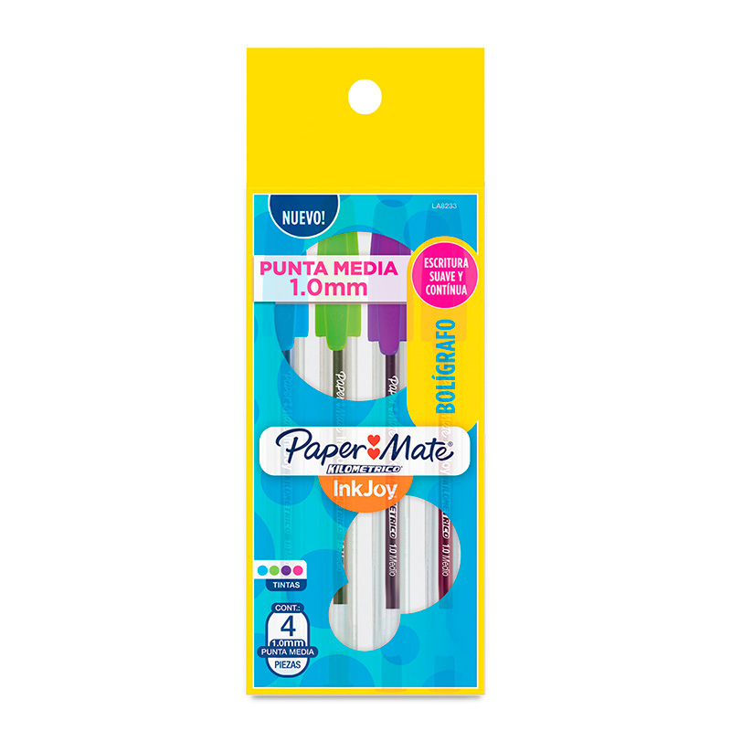 Bolígrafo Paper Mate Kilométrico InkJoy 100, blister de 4 colores pastel