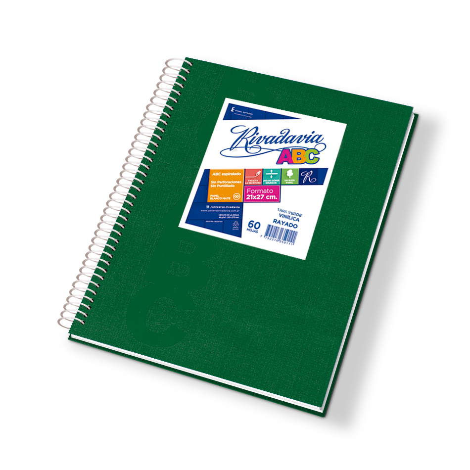 Cuaderno espiralado Rivadavia ABC tapa de cartón verde, 21 x 27cm. 60 hojas cuadriculadas