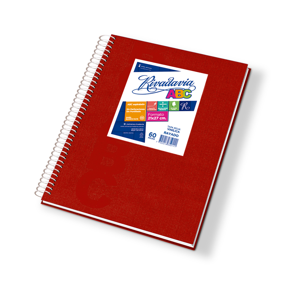 Cuaderno espiralado Rivadavia ABC tapa de cartón rojo, 21 x 27cm. 60 hojas rayadas