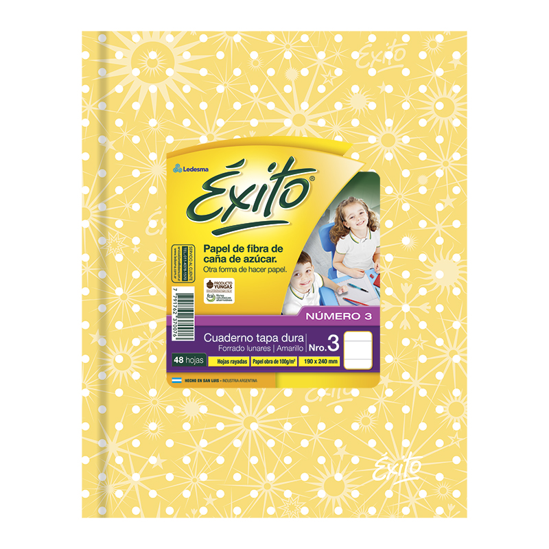 Cuaderno Éxito Universo tapa de cartón amarillo, 19 x 23cm. 48 hojas rayadas