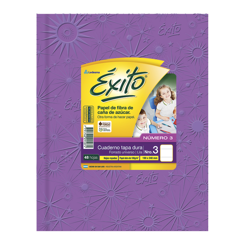 Cuaderno Éxito Universo tapa de cartón lila, 19 x 23cm. 48 hojas rayadas
