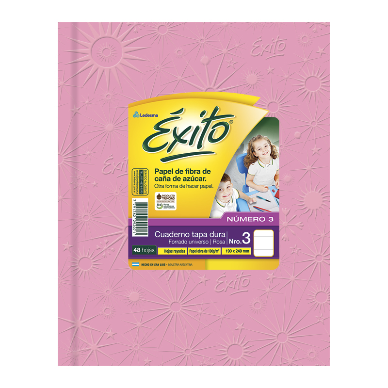 Cuaderno Éxito Universo tapa de cartón rosa, 19 x 23cm. 48 hojas rayadas