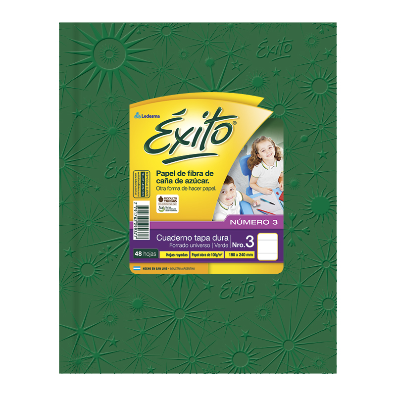 Cuaderno Éxito Universo tapa de cartón verde, 19 x 23cm. 48 hojas rayadas