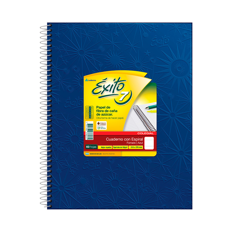 Cuaderno espiralado Éxito Universo, tapa de cartón forrada azul, 21 x 27cm. 60 hojas rayadas