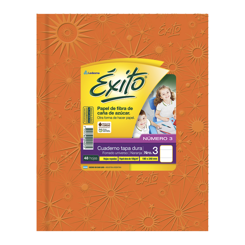 Cuaderno Éxito Universo tapa de cartón naranja, 19 x 23cm. 48 hojas rayadas