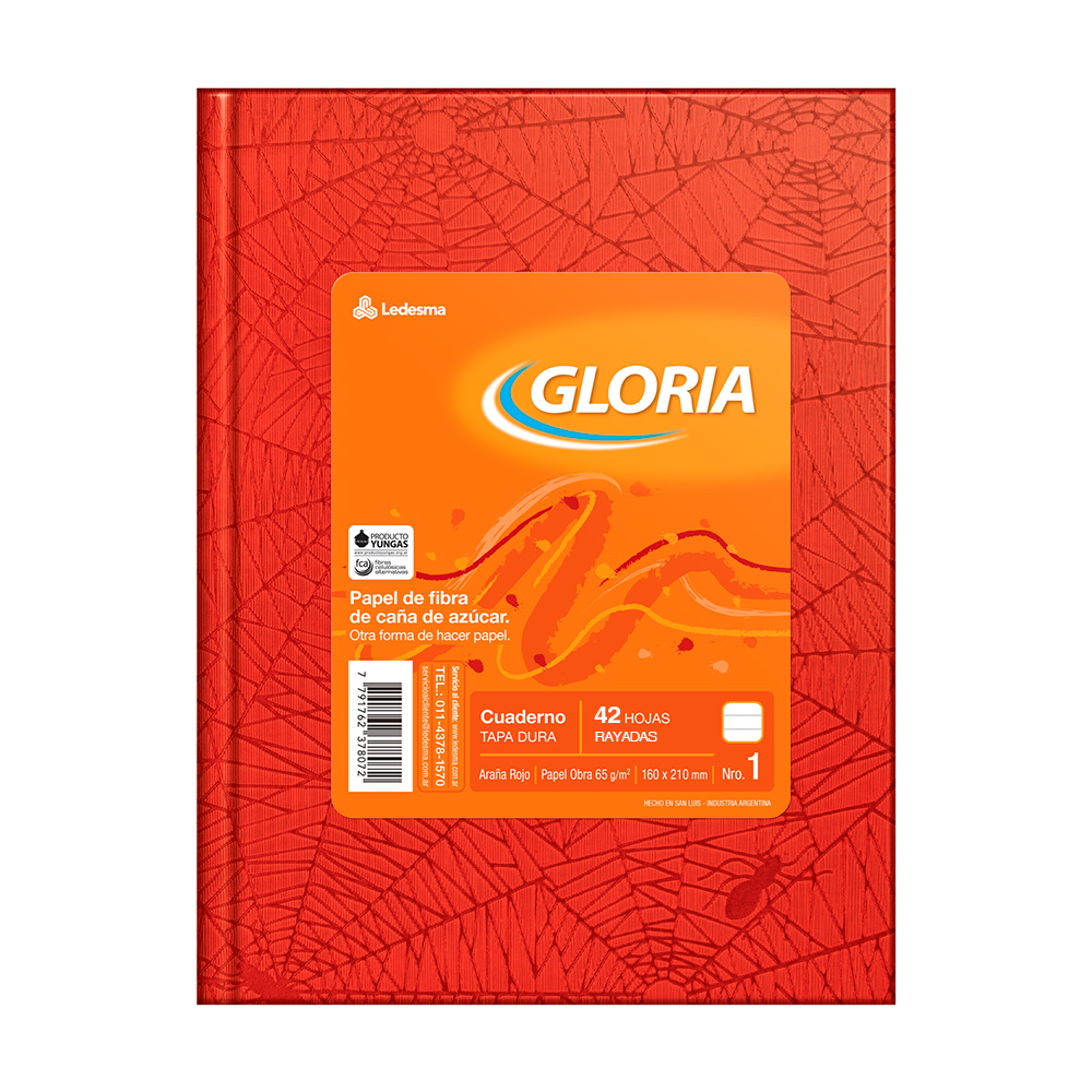 Cuaderno Araña Gloria tapa dura rojo, 16 x 21cm. 42 hojas rayadas