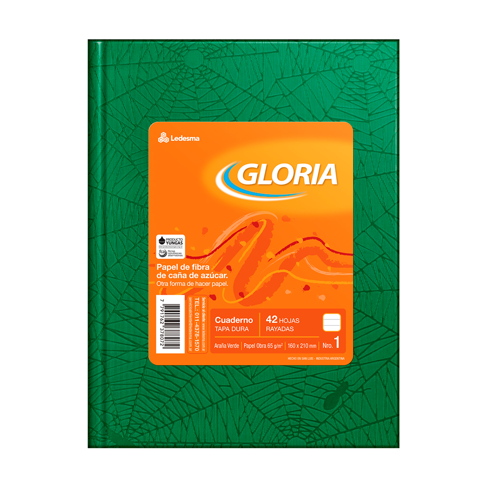 Cuaderno Araña Gloria tapa dura verde, 16 x 21cm. 42 hojas rayadas