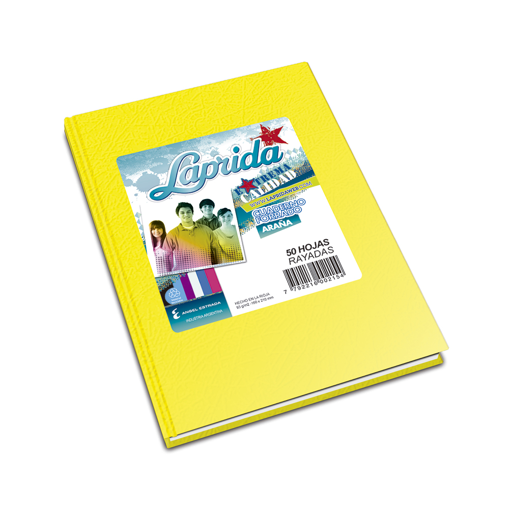 Cuaderno Araña Laprida tapa dura amarillo, 16 x 21cm. 50 hojas rayadas