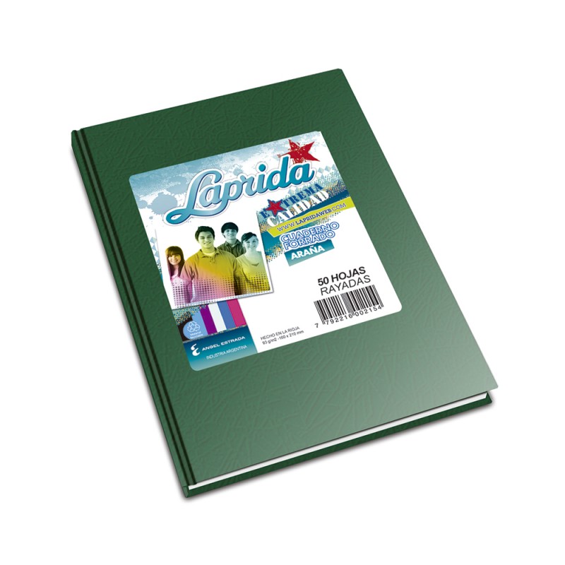 Cuaderno Araña Laprida tapa dura verde, 16 x 21cm. 50 hojas rayadas