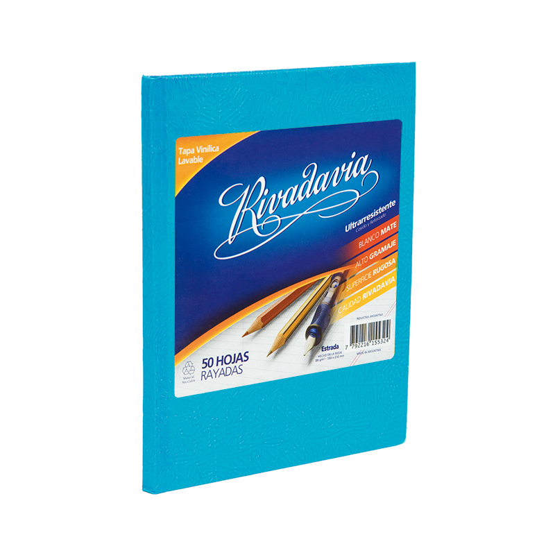 Cuaderno Araña Rivadavia tapa dura celeste, 16 x 21cm. 50 hojas rayadas
