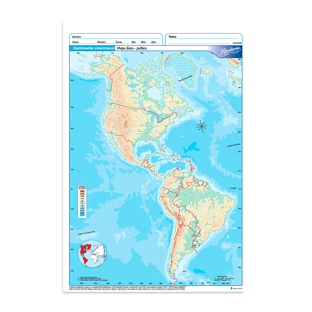 Mapa Continente Americano físico político Rivadavia N°5, block de 20 mapas