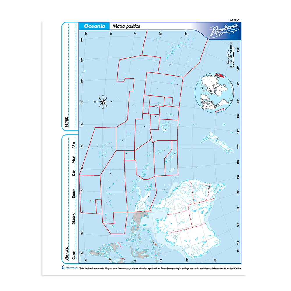 Mapa Oceanía político Rivadavia N°3, block de 40 mapas
