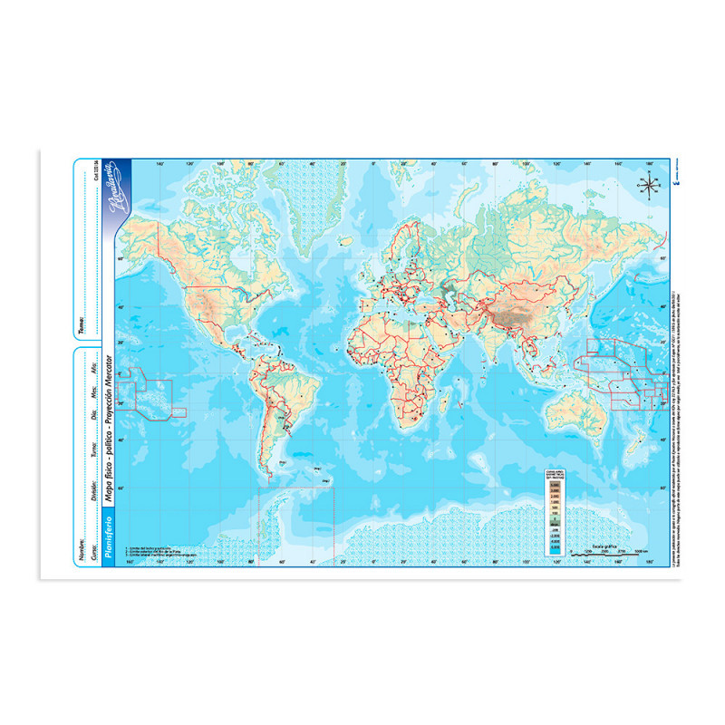 Mapa Planisferio físico político Rivadavia N°5, block de 20 mapas