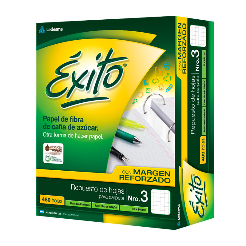 Repuesto con Margen Reforzado Éxito Ecológico N°3, 480 hojas cuadriculadas