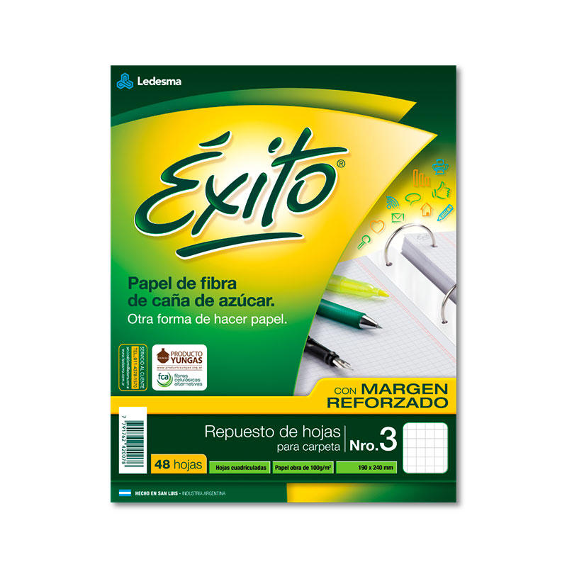 Repuesto con Margen Reforzado Éxito Ecológico N°3, 48 hojas cuadriculadas