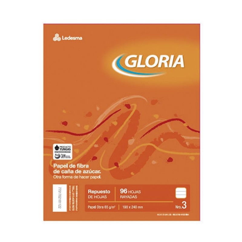 Repuesto Gloria N°3, 96 hojas rayadas