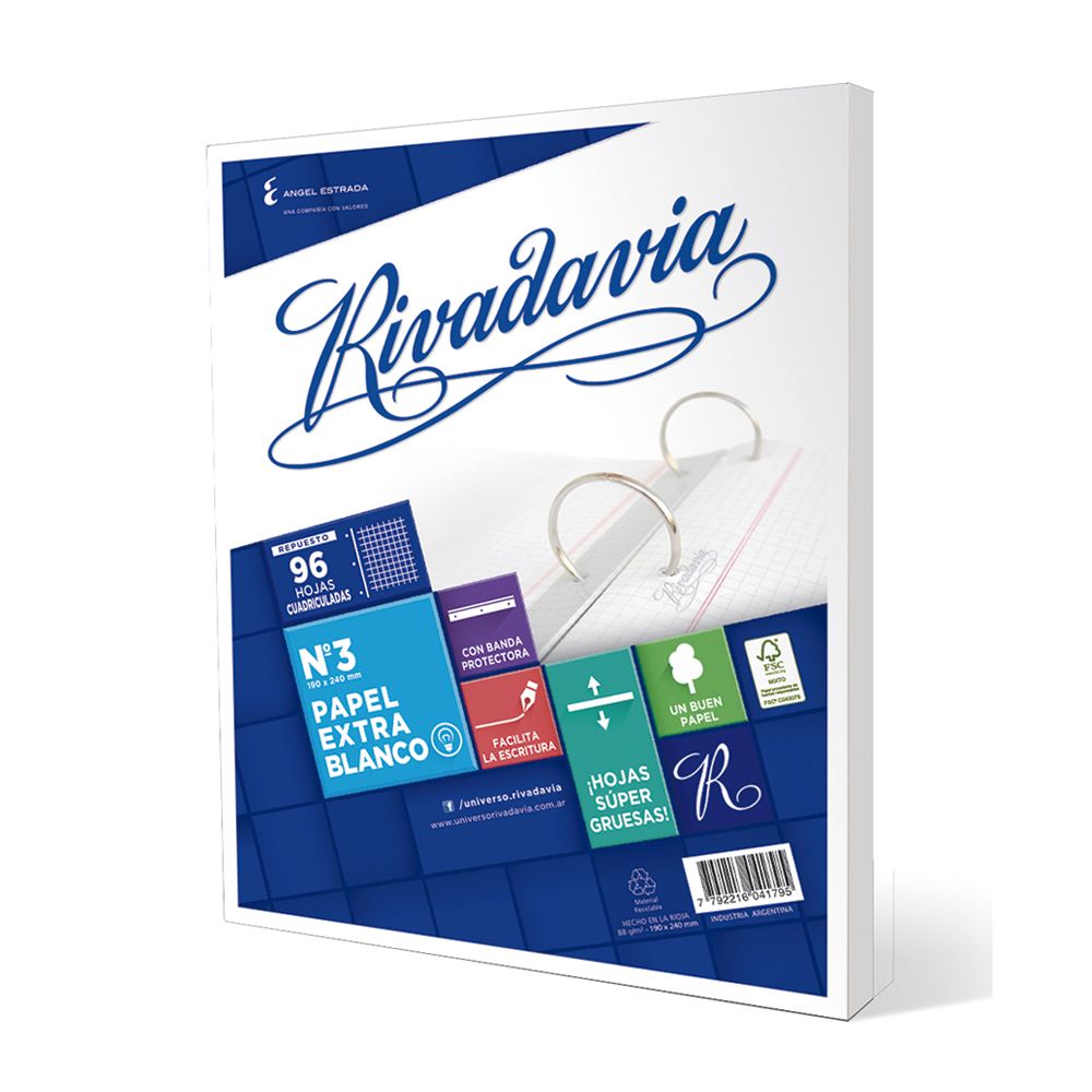 Repuesto Rivadavia Extra Blanco, 96 hojas cuadriculadas
