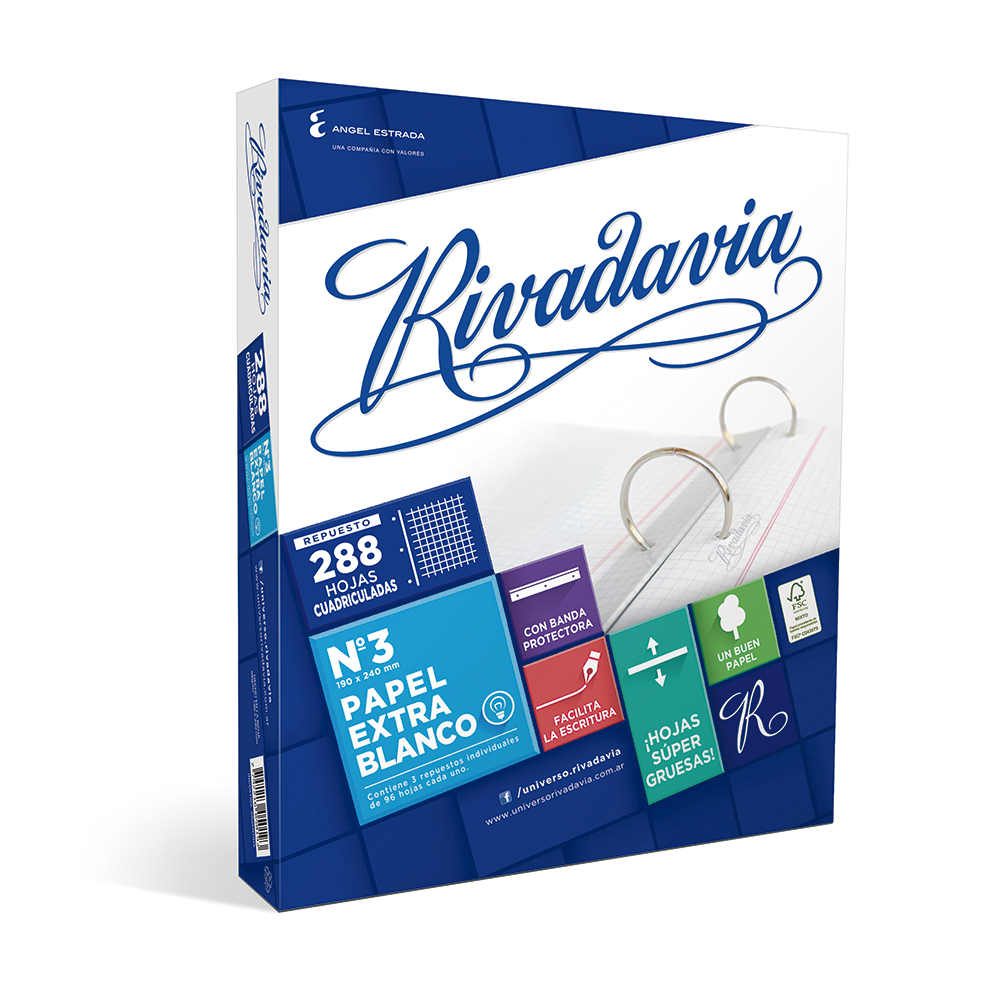 Repuesto Rivadavia Extra Blanco, 288 hojas cuadriculadas
