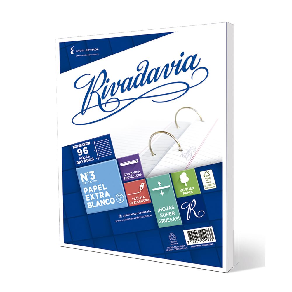 Repuesto Rivadavia Extra Blanco, 96 hojas rayadas