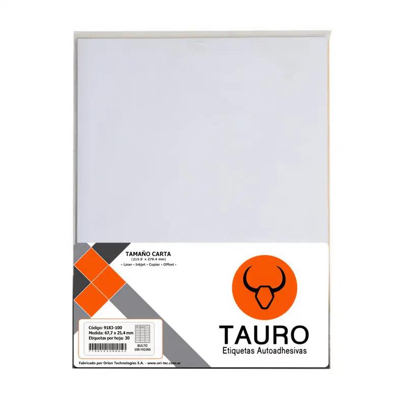 Etiqueta Tauro Carta, 6.77 x 2.54cm.  pack de 100 planchas, 3000 etiquetas