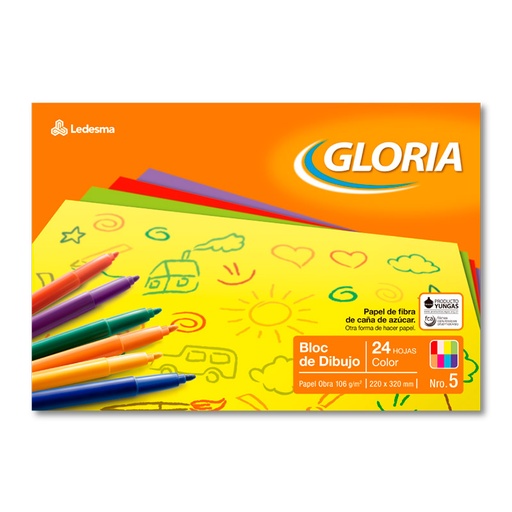 [GLORIABKCOL5] Block de dibujo Gloria N°5, 24 hojas color