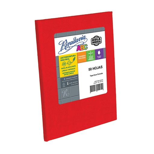 [ABC1923R48AUR] Cuaderno Araña Rivadavia ABC Aula tapa dura rojo, 19 x 23cm. 50 hojas rayadas raya grande