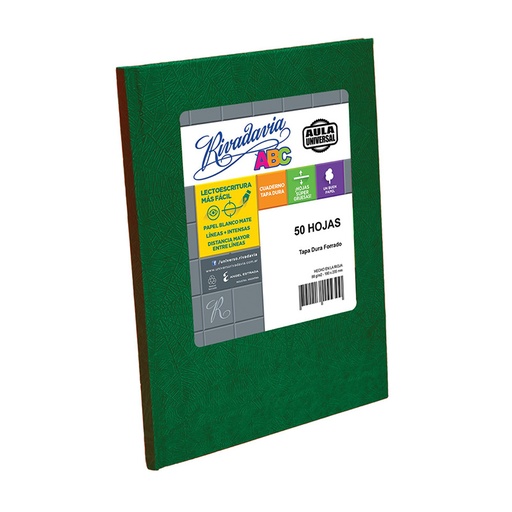 [ABC1923V48AUC] Cuaderno Araña Rivadavia ABC Aula tapa dura verde, 19 x 23cm. 50 hojas cuadriculadas cuadro grande
