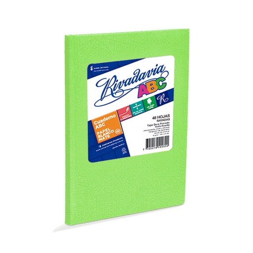 [ABC1923VM48R] Cuaderno Araña Rivadavia ABC tapa dura verde manzana, 19 x 23cm. 48 hojas rayadas