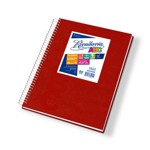 [ABC2127RO60R] Cuaderno espiralado Rivadavia ABC tapa de cartón rojo, 21 x 27cm. 60 hojas rayadas