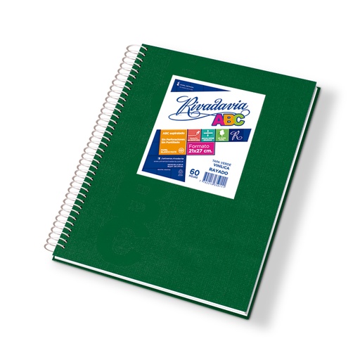 [ABC2127VE60R] Cuaderno espiralado Rivadavia ABC tapa de cartón verde, 21 x 27cm. 60 hojas rayadas