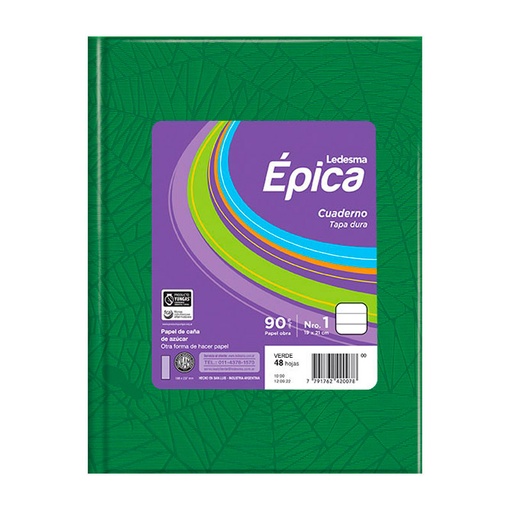 [EPICA1VERD48R] Cuaderno araña Épica N°1, tapa dura verde, 19 x 21cm. 48 hojas rayadas