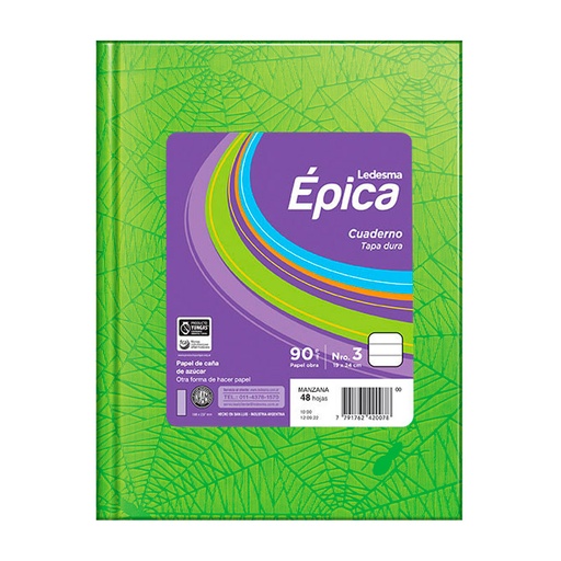 [EPICA3VDEM48R] Cuaderno araña Épica N°3, tapa dura verde manzana, 19 x 23cm. 48 hojas rayadas