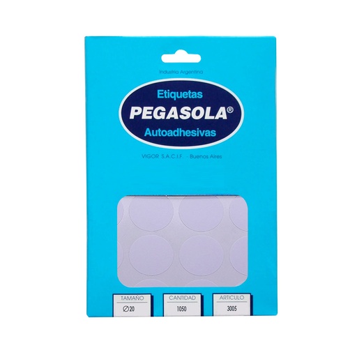 [PEGASOLCIR20] Etiqueta circular Pegasola 2.0cm. caja de 30 planchas de 1050 etiquetas