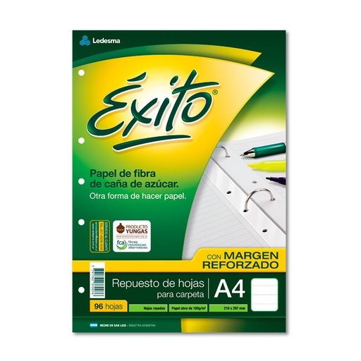 [EXITOREA496R] Repuesto con Margen Reforzado Éxito Ecológico A4, 96 hojas rayadas